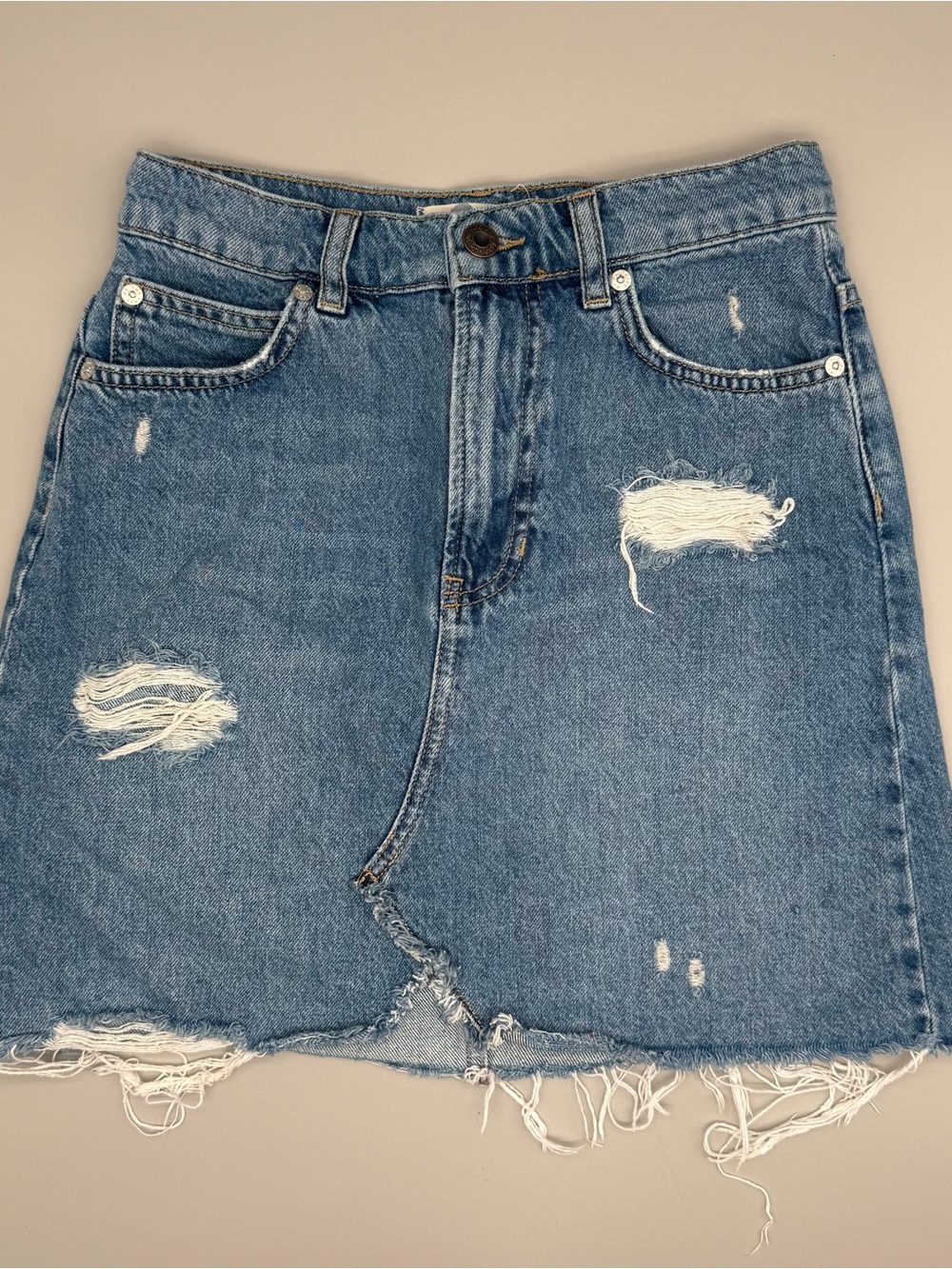 ⁠We The Free Women’s Sz 24 Denim Mini Skirt Free People Distressed Asymmetrical